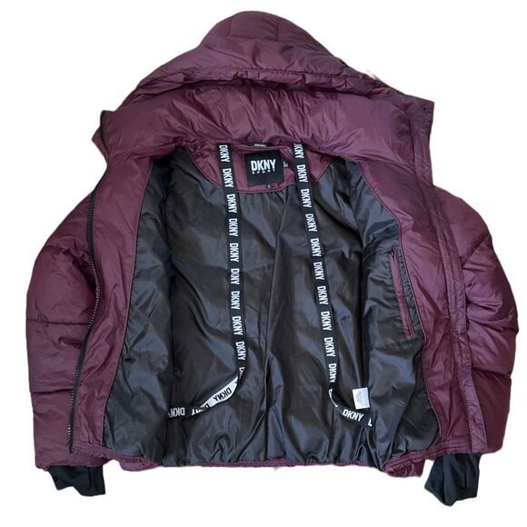 DKNY Sport NWT Puffer Jacket Hooded Colorblock Burgundy w/Zipper Front $169.50+ - Picture 5 of 13